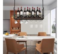 [en.casa] Casier à Vin Suspendu au Plafond Support de Verre avec Étagère et Crochets Doubles Rangement pour Bouteilles Porte-Boissons Industriel Robuste Métal 80 x 30 x 65 cm Noir Effet Noyer