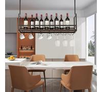[en.casa] Casier à Vin Suspendu au Plafond Support de Verre avec Étagère et Crochets Doubles Rangement pour Bouteilles Porte-Boissons Industriel Robuste Métal 100 x 30 x 65 cm Noir Effet Noyer