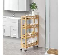 [en.casa] Chariot de Rangement à roulettes Vérouillables pour Salle de Bain Desserte Cuisine à 4 Niveaux Bambou Plastique 96 x 60 x 18 cm Naturel