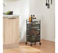 [en.casa] Chariot de Service à 3 Niveaux Desserte à roulettes avec Paniers Dépliables Meuble de Rangement pour Cusine Salle de Bain Bureau Acier 65 x 27 x 27 cm Noir
