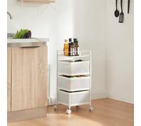 [en.casa] Chariot de Service à 3 Niveaux Desserte à roulettes avec Paniers Dépliables Meuble de Rangement pour Cusine Salle de Bain Bureau Acier 65 x 27 x 27 cm Blanc