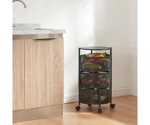 [en.casa] Chariot de Service à 3 Niveaux Desserte sur roulettes avec Paniers Dépliables Meuble de Rangement pour Cusine Salle de Bain Bureau Acier 60 x 33 cm Noir
