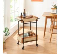 [en.casa] Chariot de Service avec 2 Paniers Décoratifs 4 roulettes avec Freins d'Arrêt Desserte Élégante Métal Bambou Plastique MDF 81 x 61 x 39 cm Noir Effet Bois Aspect Rotin