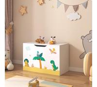 [en.casa] Coffre à Jouets pour Enfant Meuble de Rangement à Couvercle Rabattable Banc à Motif Dinosaures Capacité de Charge 70 kg Panneau de Particules 40 x 60 x 30 cm Blanc Vert Jaune