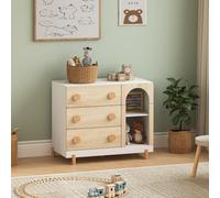 [en.casa] Commode Enfant Vaarentaa 79 x 41 x 66 cm Blanc Effet Chêne | avec 3 Tiroirs, 2 Compartiments, Boutons Ronds, Pieds Surélevés, Design Scandinave, Hauteur Adaptée aux Enfants