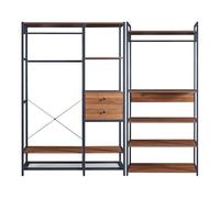[en.casa] Ensemble de 2 Portants à Vêtements Design Industriel avec Barres de Penderie 2 Tiroirs 5 Étagères pour Entrée Dressing Métal MDF Noir Effet Noyer