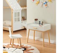 [en.casa] Ensemble de Bureau et Chaise pour Enfants Table et Tabouret Design Intemporel avec Tiroir Intégré pour Dessiner Bricoler Lire Colorier Jouer MDF Bois de Pin Naturel Blanc