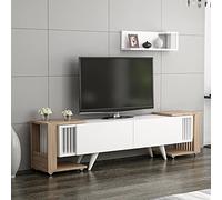 [en.casa] Ensemble Meuble TV avec 2 Tables d'Appoint à roulettes Étagère Murale pour Salon Panneau de Particules Plastique Blanc Effet Chêne