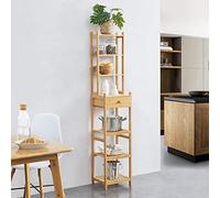 [en.casa] Étagère à 7 Niveaux Surface de Stockage de Tailles Différentes Meuble de Rangement avec Tiroir pour Salle de Bain Cuisine Entrée Bambou 163 x 33 x 28 cm Naturel