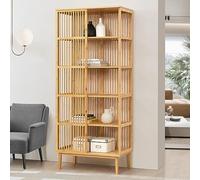 [en.casa] Étagère Autoportante avec Porte Coulissante Meuble de Rangement au Style Scandinave pour Salle de Bain Salon Chambre Cuisine Bambou 185 x 80 x 45 cm Naturel