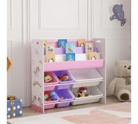 [en.casa] Étagère Enfant avec 3 Compartiments Ouverts et 6 Bacs de Rangement Bibliothèque à Motif Licorne Panneau de Particules Polyester PP Métal 78 x 86 x 27 cm Blanc Violet Rose