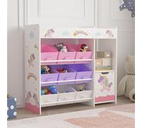 [en.casa] Étagère Enfant avec 9 Boîtes de Rangement et Armoire Meuble de Stockage Bibliothèque avec Motif Licorne Panneau de Particules Polyester Métal 80 x 90 x 30 cm Blanc Violet Rose