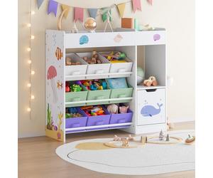 [en.casa] Étagère Enfant avec 9 Boîtes de Rangement et Armoire Meuble de Stockage Bibliothèque Motif Aqua Dream Panneau de Particules Polyester Métal 80 x 90 x 30 cm Blanc Vert Violet