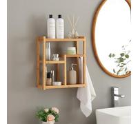 [en.casa] Étagère Murale avec 5 Surfaces de Rangement et Crochet pour Serviettes Idéale pour Salle de Bain Toilettes Cuisine Entrée Bambou 42 x 37 x 17 cm Naturel