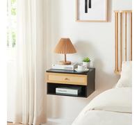 [en.casa] Étagère Murale avec Tiroir et Compartiment Ouvert Meuble de Stockage Suspendu pour Salon Chambre Panneau de Particules Plastique 40 x 32 x 23 cm Noir Aspect Rotin