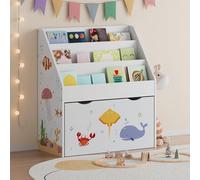 [en.casa] Étagère pour Enfants avec 3 Compartiments de Rangement Ouverts et 1 Tiroir sur roulettes Meuble de Stockage Coins Arrondis Panneau de Particules 70 x 63 x 30 cm Blanc Motif Aqua Dream
