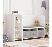 [en.casa] Étagère pour Enfants avec Banc d'Assise Coussin Confortable Bibliothèque Meuble à Chaussures Panneau de Particules Polyester Polyuréthane 76 x 112 x 40 cm Blanc Gris