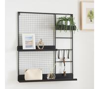 [en.casa] Grille Murale Polyvalente Panneau Perforé Organisateur de Bureau Pêle-Mêle Porte Photo Mural avec Étagères et Compartiment de Rangement Métal 70 x 60 x 11 cm Noir