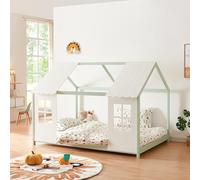 [en.casa] Lit Cabane avec Fenêtres et Toit Forme Maison Design avec Sommier à Lattes pour Chambre d'enfant en Bois de Pin et Contreplaqué 120 x 200 cm Vert Menthe Blanc