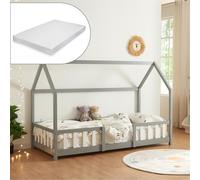 [en.casa] Lit Cabane avec Matelas à Mousse Froide Anti-Allergique Lit Enfant en Forme de Maison avec Sommier à Lattes Barrière de Sécurité Bois de Pin Contreplaqué 90 x 200 cm Gris Clair Blanc