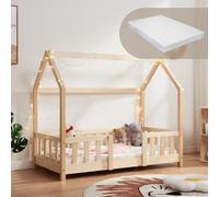 [en.casa] Lit Cabane avec Matelas à Mousse Froide Anti-Allergique Lit Enfant en Forme de Maison avec Sommier à Lattes Barrière de Sécurité Bois de Pin Contreplaqué 70 x 140 cm Naturel