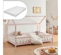 Lit d'enfant 'Sisimiut' à l'aspect de maison avec matelas et protection contre les chutes Bois de pin 120 x 200 cm Rose / Blanc
