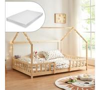 [en.casa] Lit Cabane avec Matelas à Mousse Froide Anti-Allergique Lit Enfant en Forme de Maison avec Sommier à Lattes Barrière de Sécurité Bois de Pin Contreplaqué 140 x 200 cm Naturel