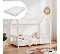 [en.casa] Lit Cabane avec Matelas à Mousse Froide Anti-Allergique Lit Enfant en Forme de Maison avec Sommier à Lattes Barrière de Sécurité Bois de Pin Contreplaqué 70 x 200 cm Blanc