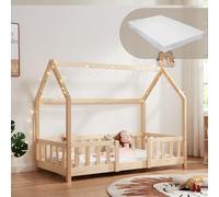 [en.casa] Lit Cabane avec Matelas à Mousse Froide Anti-Allergique Lit Enfant en Forme de Maison avec Sommier à Lattes Barrière de Sécurité Bois de Pin Contreplaqué 80 x 160 cm Naturel