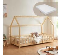 [en.casa] Lit Cabane avec Matelas à Mousse Froide Anti-Allergique Lit Enfant en Forme de Maison avec Sommier à Lattes Barrière de Sécurité Bois de Pin Contreplaqué 200 x 90 cm Naturel
