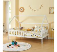[en.casa] Lit Cabane Enfant en Forme de Maison avec Barrière de Protection - Simple avec Sommier à Lattes - Capacité de Charge 150 kg - Bois de Pin Contreplaqué - 120 x 200 cm - Blanc
