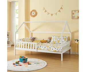 [en.casa] Lit Cabane Enfant en Forme de Maison avec Barrière de Protection - Simple avec Sommier à Lattes - Capacité de Charge 150 kg - Bois de Pin Contreplaqué - 120 x 200 cm - Blanc