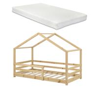 en_casa Lit Cabane Knätten avec matelas - Naturel 200x90 cm