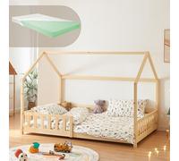 [en.casa] Lit Cabane Lit Double en Forme de Maison avec Sommier à Lattes Barrière Protectrice Capacité 150 kg Matelas à Mousse Froid Bois de Pin Contreplaqué 140 x 200 cm Naturel
