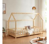 [en.casa] Lit Cabane Lit Enfant en Forme de Maison avec Sommier à Lattes avec Grille de Protection Confortable Capacité de Charge 120 kg Bois de Pin Contreplaqué 90 x 200 cm Naturel