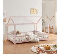 [en.casa] Lit Cabane Lit Enfant en Forme de Maison avec Sommier à Lattes avec Grille de Protection Confortable Capacité de Charge 120 kg Bois de Pin Contreplaqué 90 x 200 cm Rose Blanc