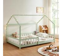 [en.casa] Lit Cabane Lit Enfant en Forme de Maison avec Sommier à Lattes avec Grille de Protection Confortable Capacité de Charge 150 kg Bois de Pin Contreplaqué 140 x 200 cm Vert Menthe