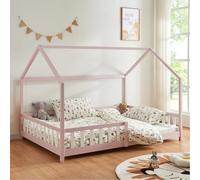 [en.casa] Lit Cabane Lit Enfant en Forme de Maison avec Sommier à Lattes avec Grille de Protection Confortable Capacité de Charge 150 kg Bois de Pin Contreplaqué 140 x 200 cm Rose