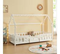 [en.casa] Lit Cabane Lit Enfant en Forme de Maison avec Sommier à Lattes avec Grille de Protection Confortable Capacité de Charge 120 kg Bois de Pin Contreplaqué 90 x 200 cm Blanc