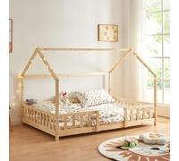 [en.casa] Lit Cabane Lit Enfant en Forme de Maison avec Sommier à Lattes avec Grille de Protection Confortable Capacité de Charge 150 kg Bois de Pin Contreplaqué 140 x 200 cm Naturel