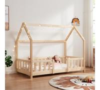 [en.casa] Lit Cabane Lit Enfant en Forme de Maison avec Sommier à Lattes avec Grille de Protection Confortable Capacité de Charge 70 kg Bois de Pin Contreplaqué 80 x 160 cm Naturel