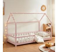 [en.casa] Lit Cabane Lit Enfant en Forme de Maison avec Sommier à Lattes avec Grille de Protection Confortable Capacité de Charge 120 kg Bois de Pin Contreplaqué 90 x 200 cm Rose