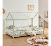 [en.casa] Lit Cabane Lit Enfant en Forme de Maison avec Sommier à Lattes avec Grille de Protection Confortable Capacité de Charge 150 kg Bois de Pin Contreplaqué 120 x 200 cm Vert Menthe Blanc