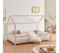 [en.casa] Lit Cabane Lit Enfant en Forme de Maison avec Sommier à Lattes avec Grille de Protection Confortable Capacité de Charge 150 kg Bois de Pin Contreplaqué 120 x 200 cm Rose Blanc