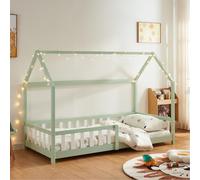 Lit cabane "Hesel" pour enfants, avec barrière de sécurité, dimensions 90 x 200 cm, en bois de pin, couleur vert menthe/blanc