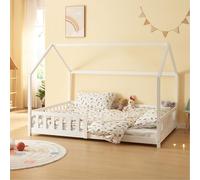 [en.casa] Lit Cabane Lit Enfant en Forme de Maison avec Sommier à Lattes Grille de Protection Confortable Capacité 150 kg Bois de Pin Contreplaqué 140 x 200 cm Blanc