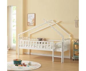 [en.casa] Lit Cabane Lit Enfant Surélevé en Forme de Maison avec Barrière de Protection Échelle Lit Mezzanine avec Sommier à Lattes Bois de Pin Contreplaqué 90 x 200 cm Blanc