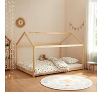 [en.casa] Lit Cabane pour Enfant avec Sommier à Lattes Lit en Forme de Maison sans Matelas Capacité de Charge 140 kg Bois de Pin Contreplaqué 120 x 200 cm Naturel