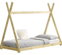 [en.casa] Lit d'enfant 90 x 200 cm en bois naturel, style tipi, en pin ; lit pour adolescent ; lit en bois ; lit en forme de maison