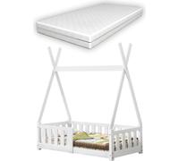 [en.casa] Lit d'enfant avec matelas 70x140cm blanc avec protection contre les chutes en design tipi en bois de pin Lit d'adolescent Lit en bois Lit de maison